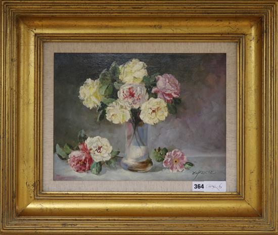 E.J.Beck, oil on canvas, Still life of roses, signed, 30 x 40cm.